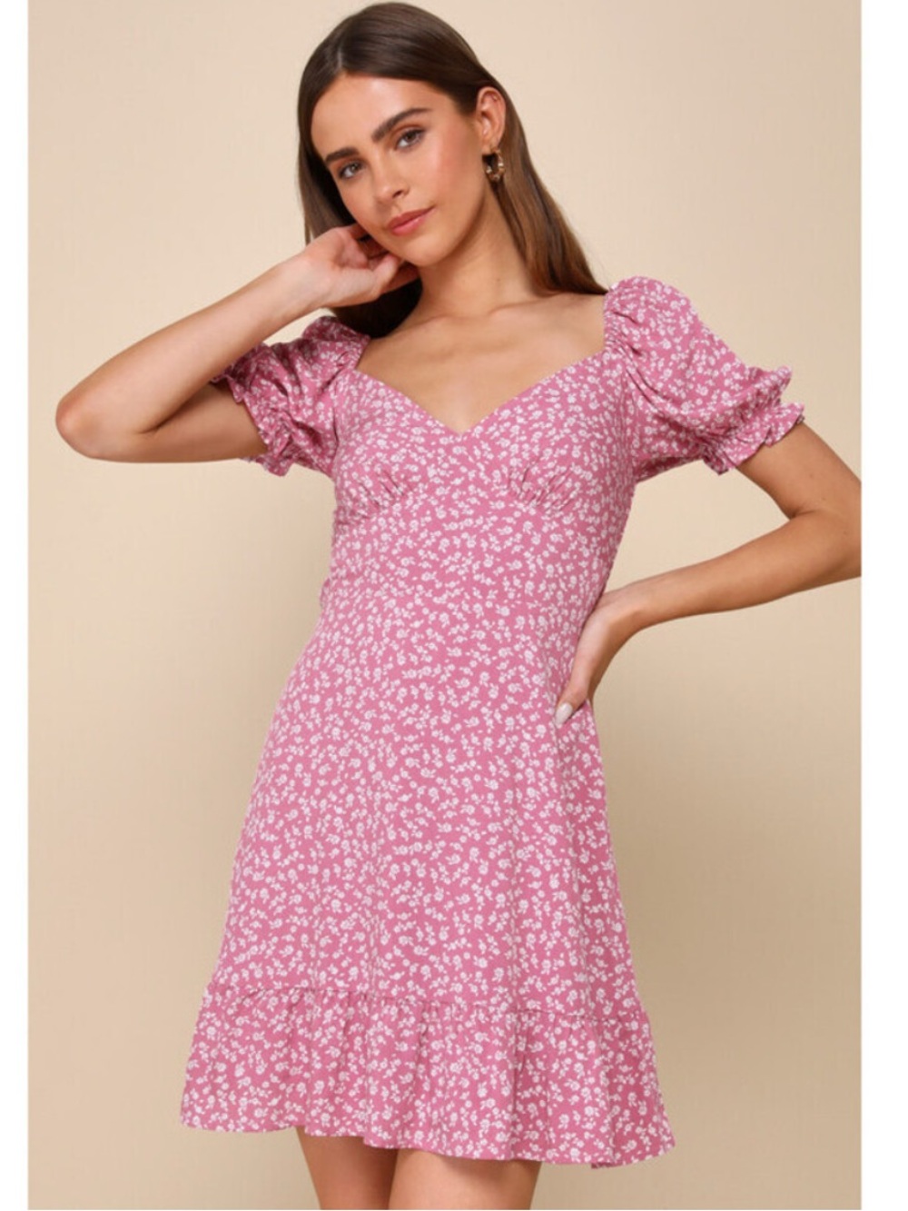 Lulu's Dusty Rose Floral Puff Sleeve Dress